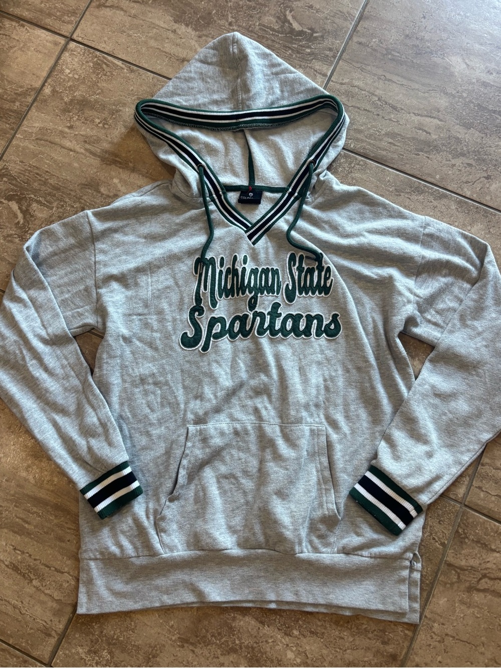 Vintage Michigan State Spartans hoodie with green and white striped cuffs and ho